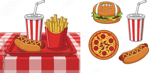 Fast food vector set with burger, pizza, hotdog, fries and soda in colorful cartoon flat illustration style