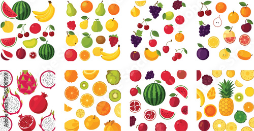 Fresh fruits vector set with colorful tropical and citrus fruits, slices, berries and healthy food elements in vibrant flat illustration style