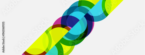 Abstract colorful circles overlap diagonally. Bright hues create dynamic visual pattern. Modern design element, simple composition.
