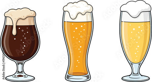 A set of three glasses of beer with different colors and foam on top