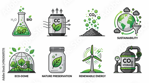 Hydrogen and Biofuel Energy Vector Icons | Sustainable Fuel Clipart | Hydrogen Molecule, Fuel Pump, Station, Industrial Facility, Biomass Corn Plant, Biofuel Flask, Storage Tank Vector