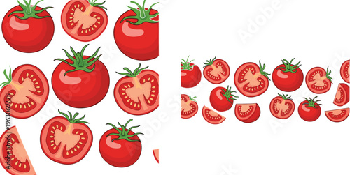 Fresh tomatoes collection with whole and sliced tomatoes, juicy red vegetable vector illustration set