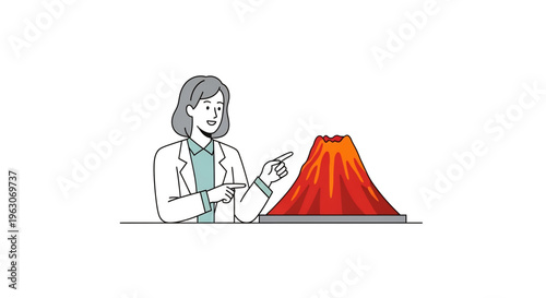 Scientist observing a volcano experiment demonstrating eruption and chemical reaction.