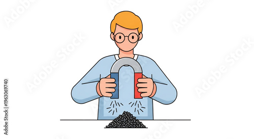 An illustrated person wearing glasses holds a horseshoe magnet, attracting metallic particles to its poles