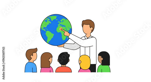 Teacher explaining globe to students representing geography education.
