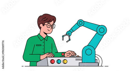 Engineer working with robotic arm representing automation and technology.