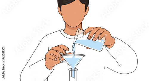 Scientist pouring liquid through funnel representing filtration experiment.