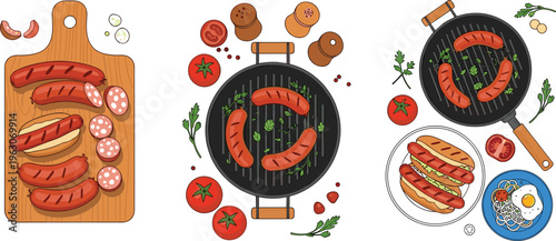 Grilled sausages vector set with barbecue grill, hotdogs, tomatoes, herbs and cooking elements in delicious flat illustration style