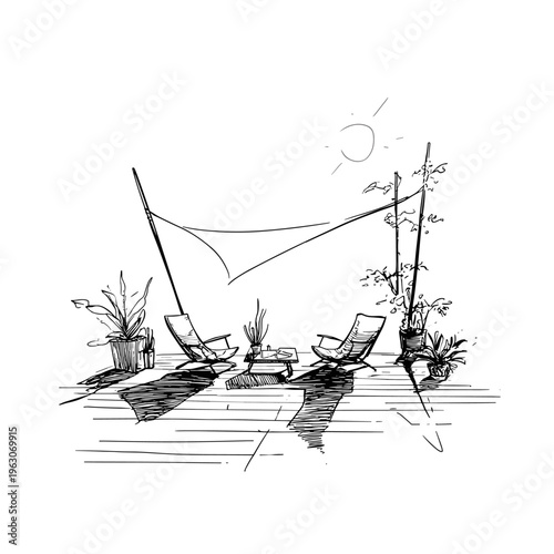 Contemporary Patio with Terracotta Shade Sail