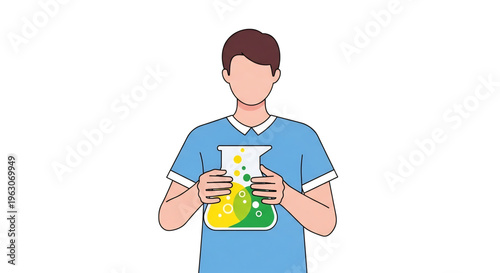 Young person holding flask representing science learning.
