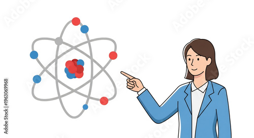 Teacher explaining atomic model representing physics education.