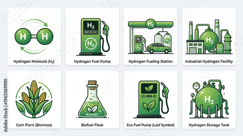 Hydrogen and Biofuel Energy Vector Icons | Sustainable Fuel Clipart | Hydrogen Molecule, Fuel Pump, Station, Industrial Facility, Biomass Corn Plant, Biofuel Flask, Storage Tank Vector
