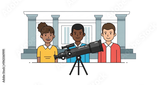 Students observing telescope representing astronomy learning.