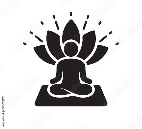 Silhouette of a person in a meditative pose with a lotus flower symbol behind them, representing inner peace, spiritual growth, and mindfulness practices
