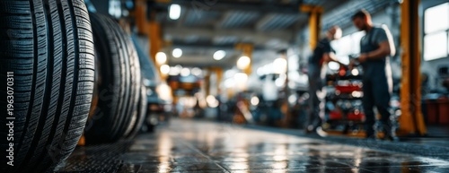 Mechanic working with tools in car workshop with tires in foreground  