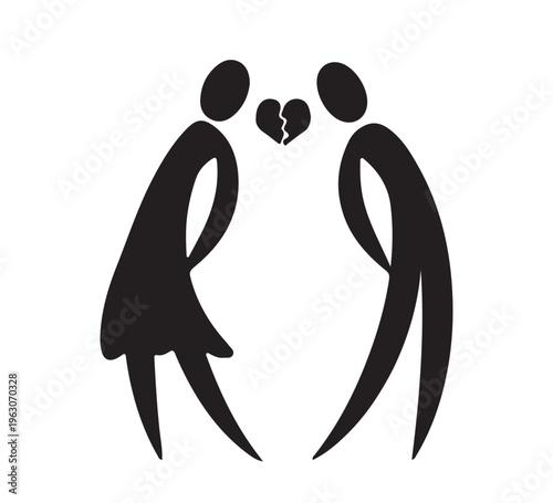 Iconic representation of a broken heart shared by two figures, symbolizing relationship breakup and emotional distress, a graphic depiction of love lost and separation