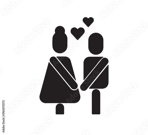 Symbolic black vector icon depicting a loving couple standing together with hearts floating above, representing deep affection, relationship, and connection