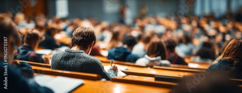 University students taking notes during lecture in crowded classroom  