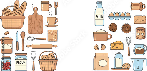 Hand drawn bakery and kitchen elements vector set with bread, milk, eggs, utensils and baking ingredients in flat cartoon style illustration