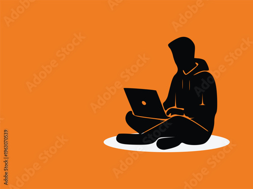 Man working on laptop silhouette vector illustration orange background