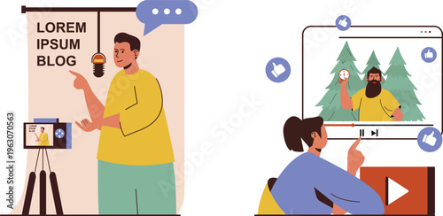 Creative person recording video content for a blog while engaging with remote audience through live stream