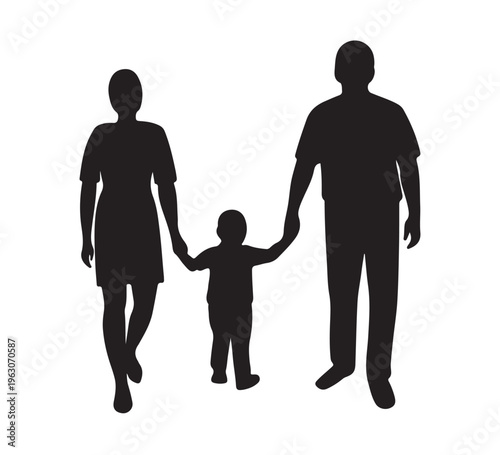 An endearing silhouette illustration of a loving family unit – a mother, father, and their child – walking together hand-in-hand, symbolizing connection, parental care, and generational bonds