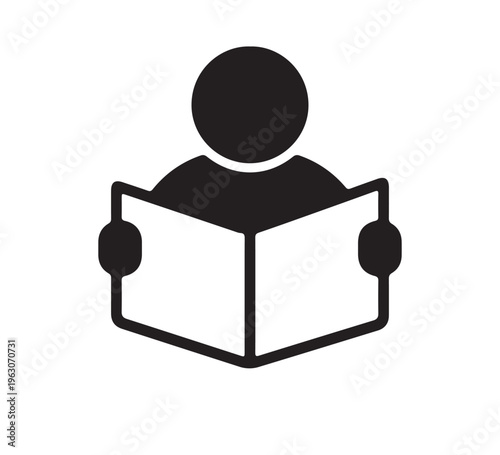 Minimalist flat design icon portraying a person absorbed in reading an open book, symbolizing essential concepts of education, knowledge, and personal learning endeavors
