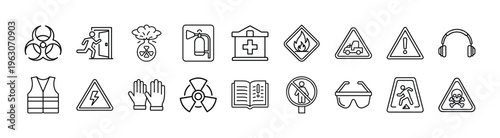 Collection of various safety and hazard warning signs depicting potential dangers