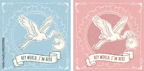 A charming baby announcement illustration set featuring a stork carrying a newborn baby in a bundle for baby shower invitations, greeting cards, nursery decor, gender party