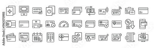 Collection of line art icons depicting various financial transactions and payment methods