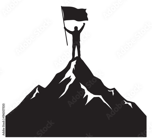 Triumphant silhouette on a mountain peak, raising a flag high, symbolizing ultimate success, achieving goals, and conquering significant challenges
