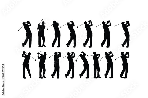 Silhouette of a person swinging a golf club in various positions on white background