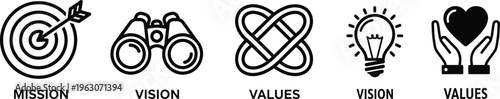 Business strategy icons in silhouette style for vision mission values ideas and skills on white background