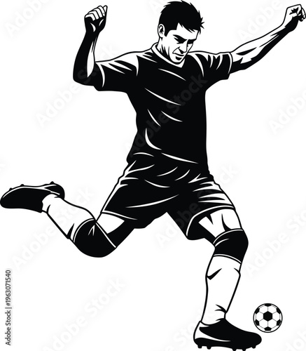Silhouette of a soccer player kicking a ball in mid air with arms outstretched on white background