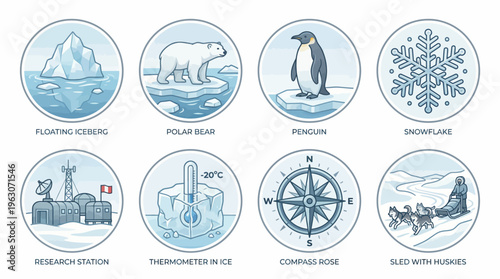Polar Region Icons Vector Set | Arctic Antarctic Clipart | Iceberg, Polar Bear, Penguin, Snowflake, Research Station, Thermometer, Compass, Dog Sled Team Vector