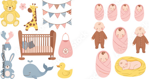 Newborn baby vector set with cute infants, crib, toys, animals and nursery elements in soft pastel cartoon illustration style