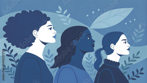 Premium minimalist illustration of fashionable women group faceless style deep blue background