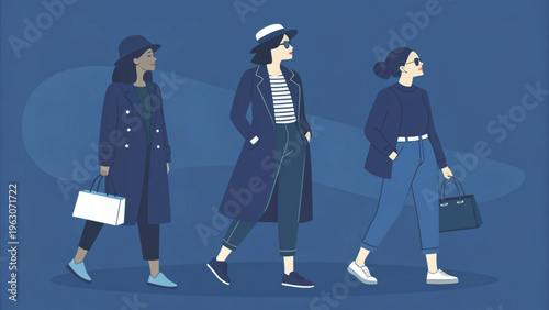 Premium minimalist illustration of fashionable women group faceless style deep blue background