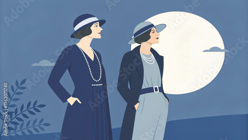 Premium minimalist illustration of fashionable women group faceless style deep blue background