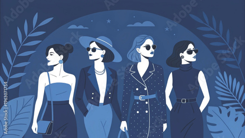 Premium minimalist illustration of fashionable women group faceless style deep blue background