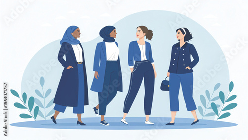 Premium minimalist illustration of fashionable women group faceless style deep blue background