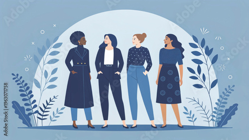 Premium minimalist illustration of fashionable women group faceless style deep blue background