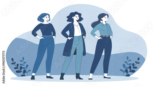 Premium minimalist illustration of fashionable women group faceless style deep blue background