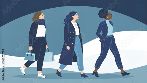 Premium minimalist illustration of fashionable women group faceless style deep blue background