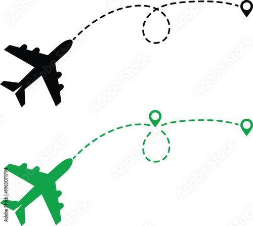 Airplane silhouette flight paths on a white background 