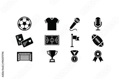 Sports icons silhouette including soccer ball and trophy on white background