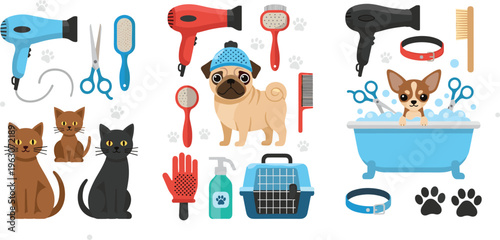 Pet grooming vector set with dogs, cats, hair dryer, brushes, scissors and hygiene accessories in cute flat cartoon illustration style
