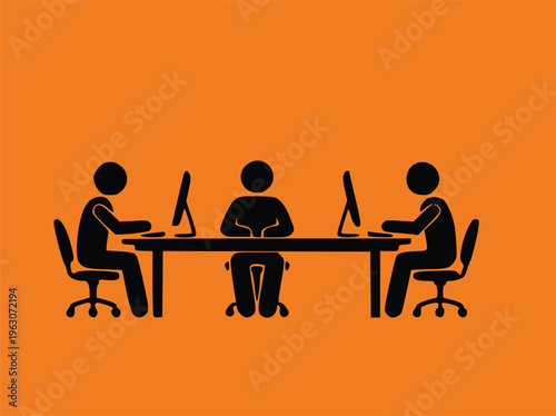 Three People Working Together at Office Desk Vector Icon