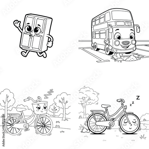 Waving door character with double decker bus and bicycles coloring page with black and white