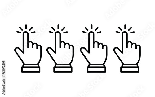 Four pointing hand silhouettes with index fingers clicking buttons in a row silhouette